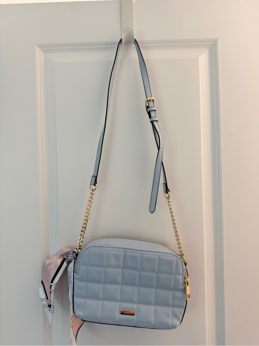 Aldo Light Blue Quilted Crossbody with Gold Chain